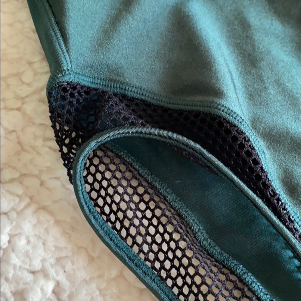 High rise mesh swimsuit olive green zippered swim - Picture 4 of 6